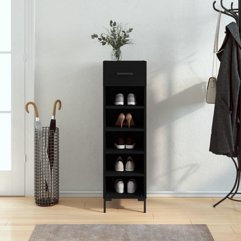 Black Shoe Cabinet - 30x35x105 cm, Engineered Wood with Industrial Iron Feet