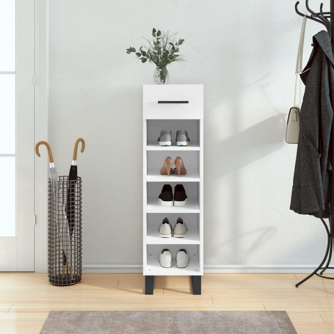 White Shoe Cabinet 30x35x105 cm - Engineered Wood with Iron Feet and Ample Storage Space