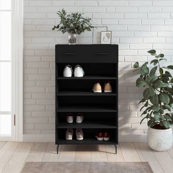 Black Shoe Cabinet - 60x35x105 cm Modern Engineered Wood Storage Solution