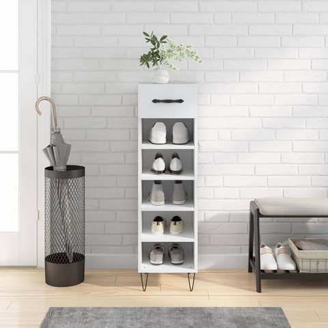 Shoe Cabinet White 30x35x105 cm | Engineered Wood Shoe Storage Organizer with Drawer & Compartments