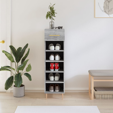 Stylish Grey Sonoma Shoe Cabinet - 5 Compartments, 1 Drawer, 30x35x105 cm, Engineered Wood, Industrial Design with Iron Feet