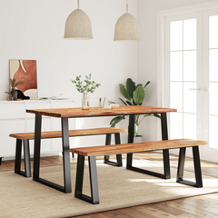 3 Piece Dining Set with Live Edge Solid Acacia Wood - Modern Industrial Dining Table and Benches