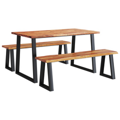 3 Piece Dining Set with Live Edge Solid Acacia Wood - Modern Industrial Dining Table and Benches