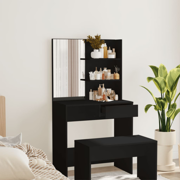 Modern Dressing Table with Mirror - Sleek Black, 74.5x40x141 cm - Ample Storage & Stylish Design