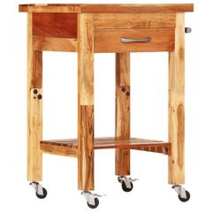 Solid Wood Acacia Kitchen Trolley with Drawer and Shelf - 55x55x89 cm