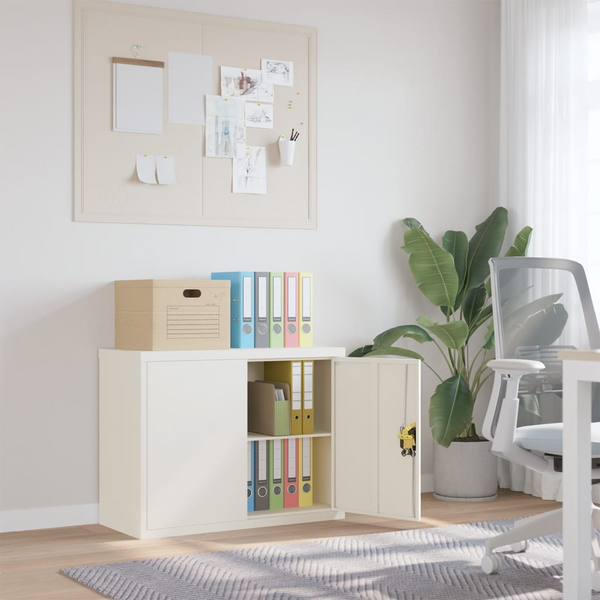 White Steel File Cabinet - 90x40x70 cm with Adjustable Shelf & Lockable Doors