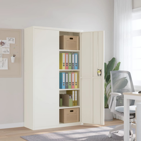 White File Cabinet – 105x40x180 cm Steel, Lockable & Adjustable Shelves