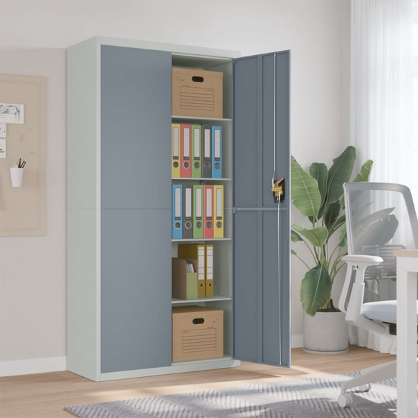 File Cabinet - Light Grey & Dark Grey Steel - 90x40x180 cm - Lockable with Adjustable Shelves