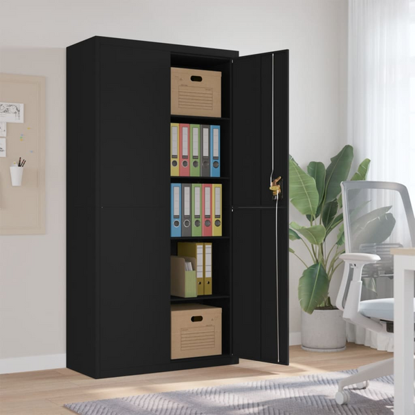 Black Steel File Cabinet - 4 Adjustable Shelves, Lockable, 90x40x180 cm