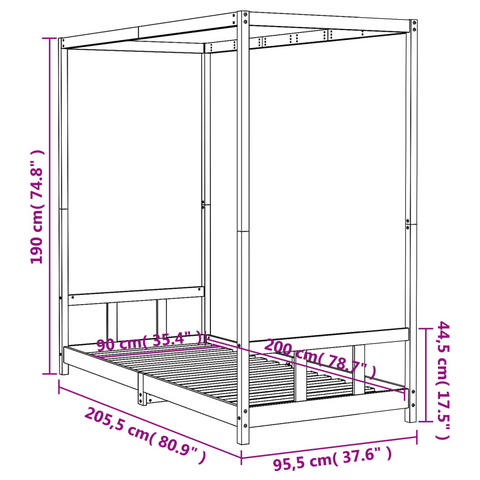 Kids Bed Frame 90x200 cm | Solid Pine Wood Canopy Bed for Children