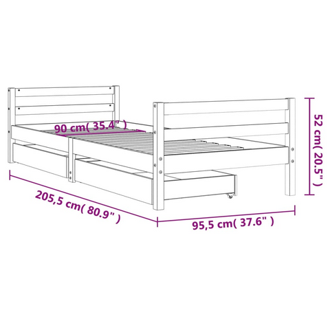 Kids Bed Frame with Drawers, White, 90x200 cm, Solid Pine Wood | Perfect for Children