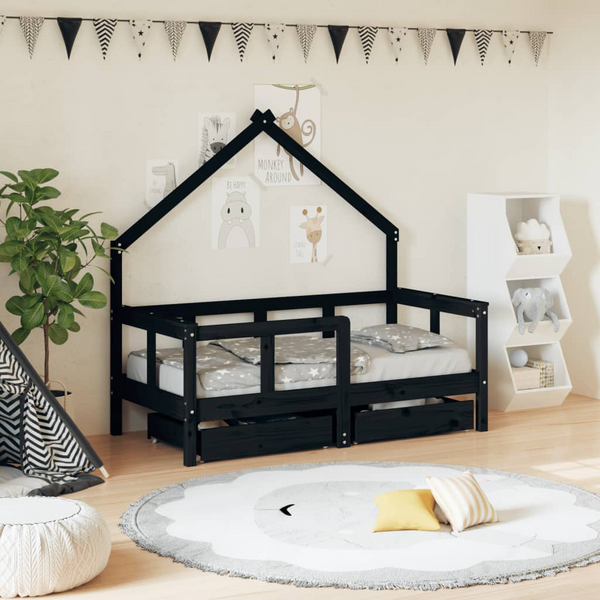 Kids Bed Frame with Drawers in Black - 70x140 cm Solid Pine Wood, Fun House Design