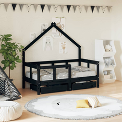 Kids Bed Frame with Drawers in Black - 70x140 cm Solid Pine Wood, Fun House Design