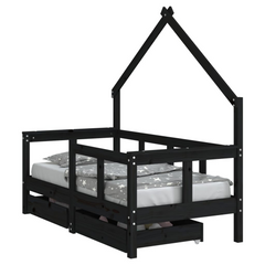 Kids Bed Frame with Drawers in Black - 70x140 cm Solid Pine Wood, Fun House Design