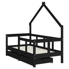 Kids Bed Frame with Drawers in Black - 70x140 cm Solid Pine Wood, Fun House Design