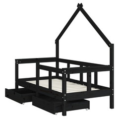 Kids Bed Frame with Drawers in Black - 70x140 cm Solid Pine Wood, Fun House Design