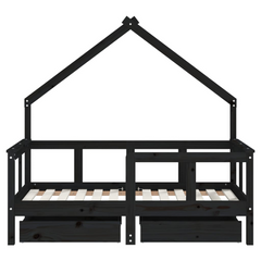 Kids Bed Frame with Drawers in Black - 70x140 cm Solid Pine Wood, Fun House Design