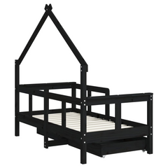 Kids Bed Frame with Drawers in Black - 70x140 cm Solid Pine Wood, Fun House Design