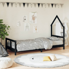 Kids Bed Frame - Black, Solid Pine Wood, 80x200 cm | Fun House Bed for Children