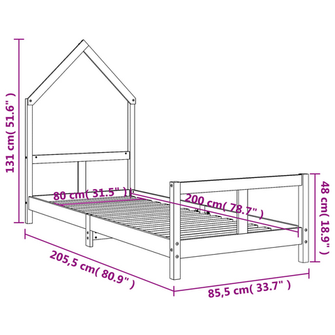 Kids Bed Frame - Black, Solid Pine Wood, 80x200 cm | Fun House Bed for Children