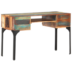 Solid Reclaimed Wood Desk with Iron Legs - 118x48x75 cm | Vintage Style Office Desk with Ample Storage