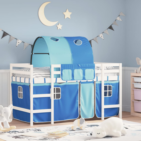 Kids' Loft Bed with Blue Tunnel and Curtains - No Mattress, 90x190cm - Fun and Safe Elevated Sleep Solution