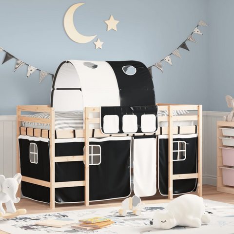 Kids' Loft Bed with Fun Tunnel - White & Black | Space-Saving Design | 80x200cm