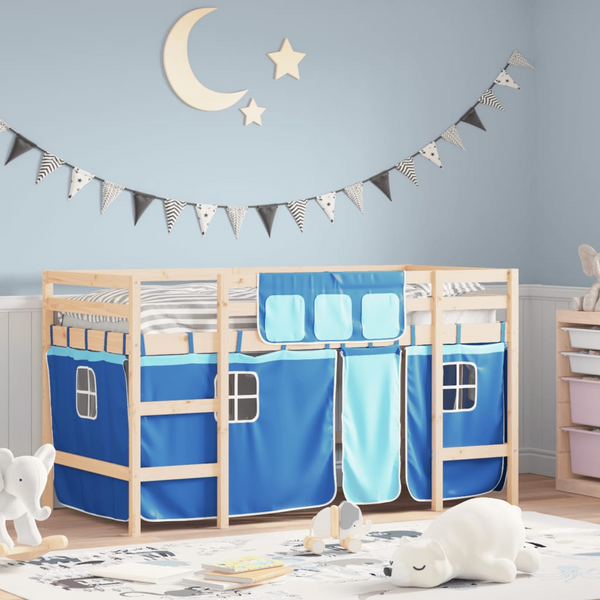 Kids' Loft Bed with Fun Blue Curtains, No Mattress, 90x190cm - Space-Saving Pinewood Mid Sleeper Bed