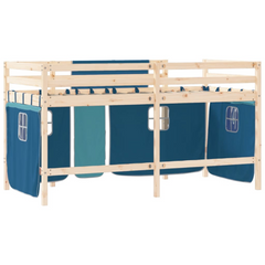 Kids' Loft Bed with Fun Blue Curtains, No Mattress, 90x190cm - Space-Saving Pinewood Mid Sleeper Bed