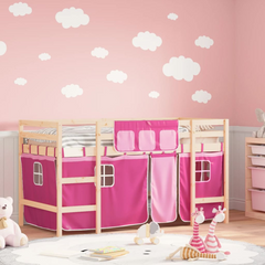 Kids' Loft Bed with Playful Pink Curtains - Solid Pine Wood, Safety Guardrails, Space-Saving Design (90x190cm)