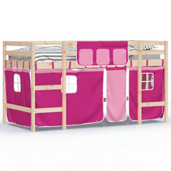 Kids' Loft Bed with Playful Pink Curtains - Solid Pine Wood, Safety Guardrails, Space-Saving Design (90x190cm)