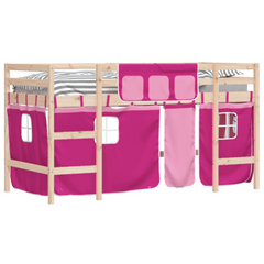 Kids' Loft Bed with Playful Pink Curtains - Solid Pine Wood, Safety Guardrails, Space-Saving Design (90x190cm)