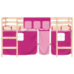 Kids' Loft Bed with Playful Pink Curtains - Solid Pine Wood, Safety Guardrails, Space-Saving Design (90x190cm)