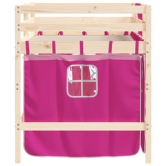 Kids' Loft Bed with Playful Pink Curtains - Solid Pine Wood, Safety Guardrails, Space-Saving Design (90x190cm)