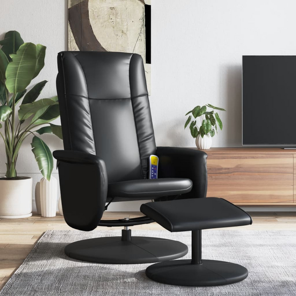 Massage Recliner Chair with Footstool - Black Faux Leather - 360° Swivel, 6-Point Vibration Massage