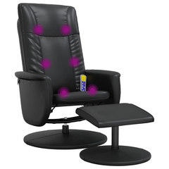 Massage Recliner Chair with Footstool - Black Faux Leather - 360° Swivel, 6-Point Vibration Massage