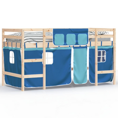 Kids' Loft Bed with Blue Curtains - 80x200cm Solid Pine Wood, Space-Saving Design, Safety Guardrails