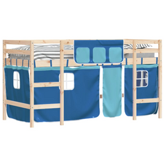 Kids' Loft Bed with Blue Curtains - 80x200cm Solid Pine Wood, Space-Saving Design, Safety Guardrails