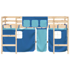 Kids' Loft Bed with Blue Curtains - 80x200cm Solid Pine Wood, Space-Saving Design, Safety Guardrails