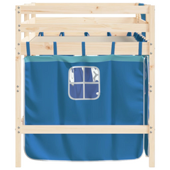 Kids' Loft Bed with Blue Curtains - 80x200cm Solid Pine Wood, Space-Saving Design, Safety Guardrails