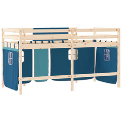 Kids' Loft Bed with Blue Curtains - 80x200cm Solid Pine Wood, Space-Saving Design, Safety Guardrails