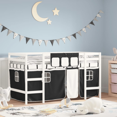 Kids' Loft Bed with Fun Curtains - White & Black - 90x200cm - Solid Pinewood - Space-Saving Mid Sleeper Bed