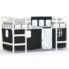 Kids' Loft Bed with Fun Curtains - White & Black - 90x200cm - Solid Pinewood - Space-Saving Mid Sleeper Bed