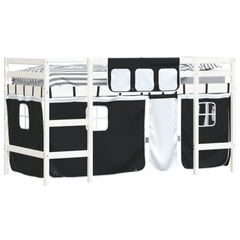 Kids' Loft Bed with Fun Curtains - White & Black - 90x200cm - Solid Pinewood - Space-Saving Mid Sleeper Bed