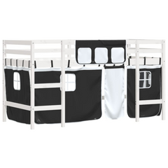 Kids' Loft Bed with Fun Curtains - White & Black - 90x200cm - Solid Pinewood - Space-Saving Mid Sleeper Bed