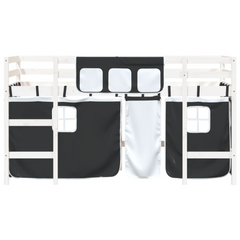 Kids' Loft Bed with Fun Curtains - White & Black - 90x200cm - Solid Pinewood - Space-Saving Mid Sleeper Bed