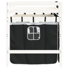 Kids' Loft Bed with Fun Curtains - White & Black - 90x200cm - Solid Pinewood - Space-Saving Mid Sleeper Bed