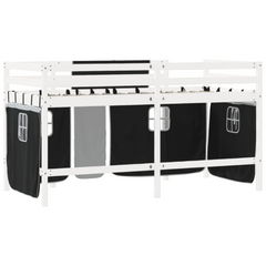 Kids' Loft Bed with Fun Curtains - White & Black - 90x200cm - Solid Pinewood - Space-Saving Mid Sleeper Bed