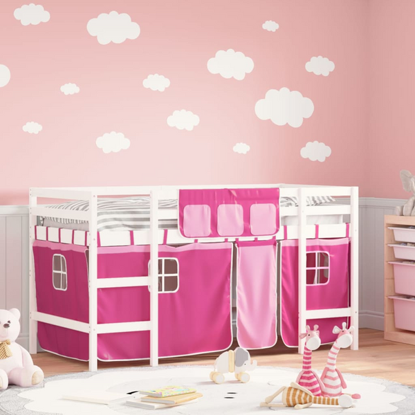 Kids' Loft Bed with Fun Curtains - Pink, 90x200 cm, Solid Pine Wood, Space-Saving Design