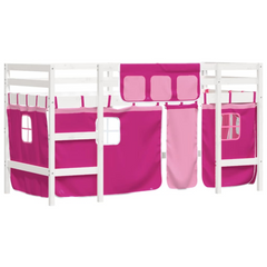 Kids' Loft Bed with Fun Curtains - Pink, 90x200 cm, Solid Pine Wood, Space-Saving Design